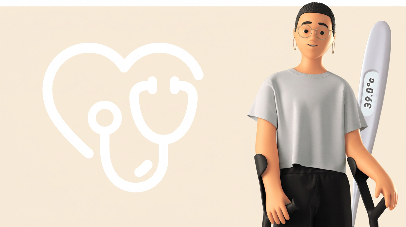 Person med kryckor och febertermometer framför en illustration av ett hjärta med stetoskop.